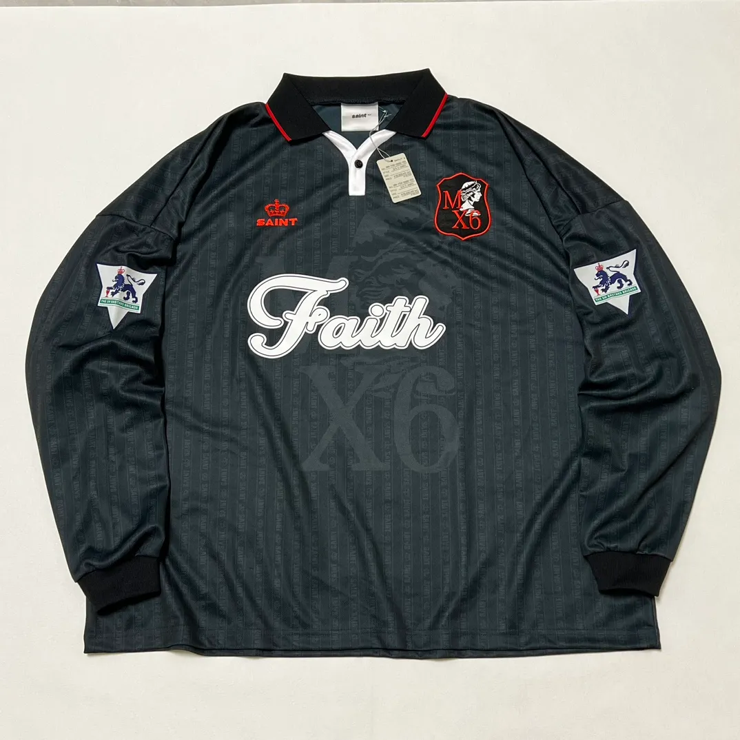 SAINT M×××××× SOCCER SHIRT 'FAITH'/BLK FAITH Football Long Sleeve Black S-XL This design has a lot of craftsmanship Digital fabric printing/front positioning printing laser cutting Offset printing + flocking printing + embossing Imported Behringer machine embroidery Flat machine collar + cuffs Genuine consistent main mark/wash mark/cherub mark